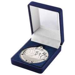 BLUE VELVET BOX AND 50mm MEDAL VOLLEYBALL TROPHY SILVER - 3.5in