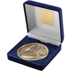 BLUE VELVET BOX AND 70mm MEDALLION CRICKET TROPHY ANTIQUE GOLD - 4in