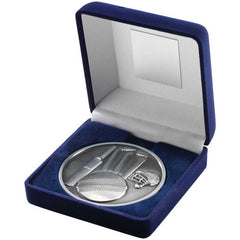 BLUE VELVET BOX AND 70mm MEDALLION CRICKET TROPHY ANTIQUE SILVER - 4in