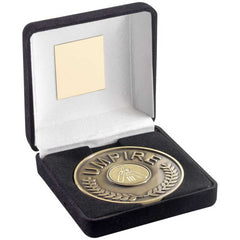 BLACK VELVET BOX AND ANT GOLD 70mm UMPIRE MEDALLION WITH CRICKET INSERT - 4in