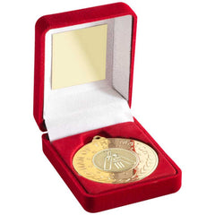 RED VELVET BOX AND 50mm GOLD MEDAL WITH CRICKET INSERT 'M.O.T.M' TROPHY - 3.5"