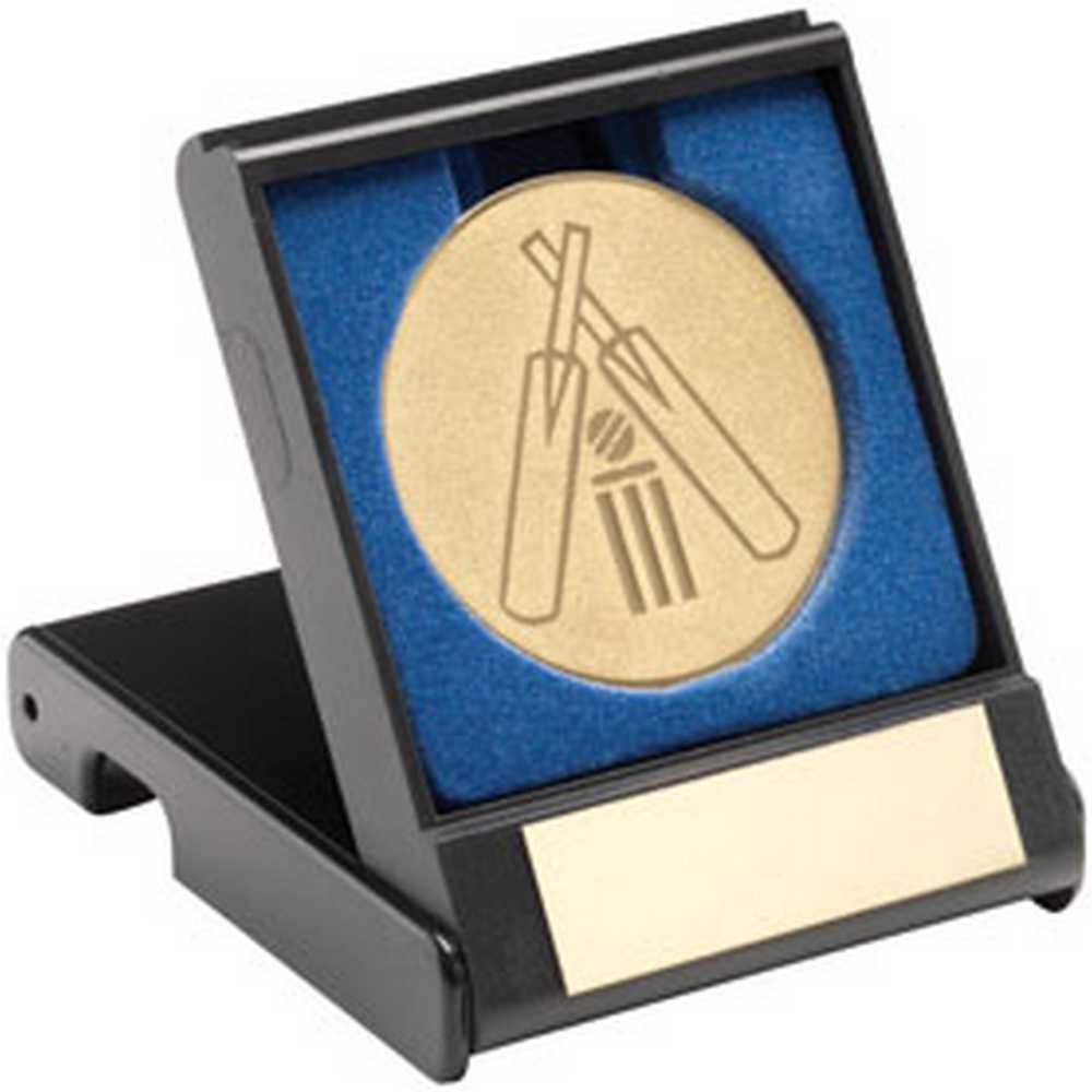 BLACK PLASTIC BOX WITH CRICKET INSERT TROPHY GOLD - 3.5in