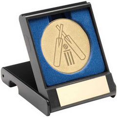 BLACK PLASTIC BOX WITH CRICKET INSERT TROPHY GOLD - 3.5in