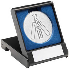 BLACK PLASTIC BOX WITH CRICKET INSERT TROPHY SILVER - 3.5in