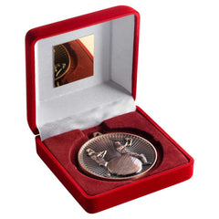 RED VELVET BOX AND 60mm MEDAL CRICKET TROPHY BRONZE - 4in