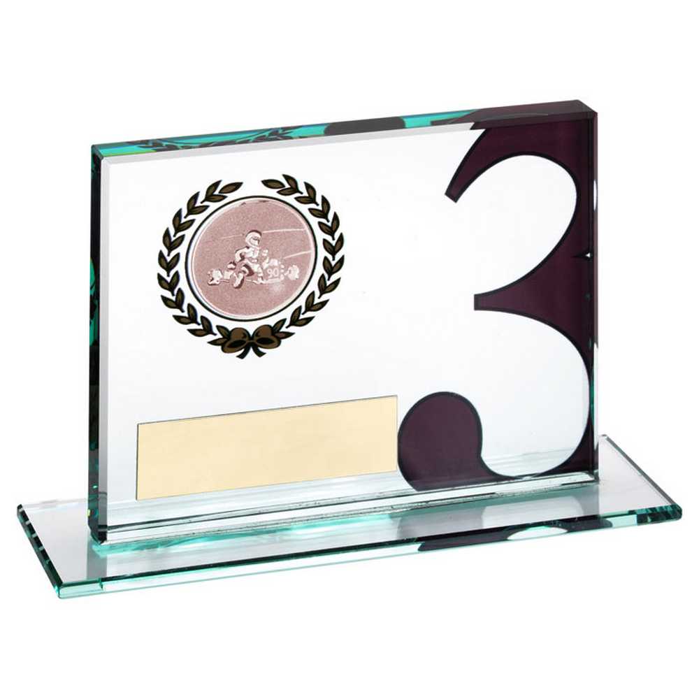 JADE GLASS PLAQUE WITH GO KART INSERT AND PLATE BRONZE 3RD - 3.25 x 4in