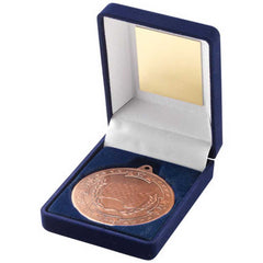 BLUE VELVET BOX AND 50mm MEDAL MOTOR SPORT TROPHY BRONZE - 3.5in