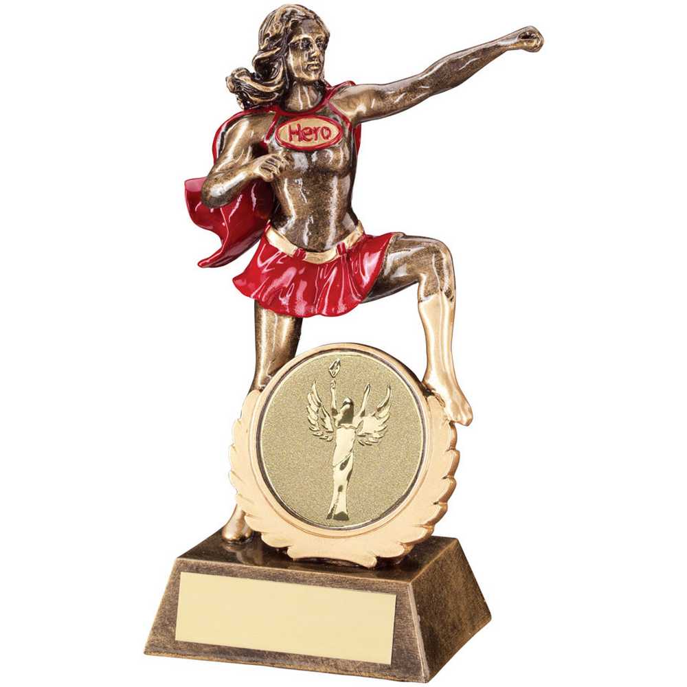 BRZ/GOLD/RED GENERIC FEMALE 'HERO' WITH PLATE (2in CENTRE) - 7.5in