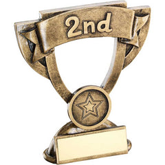 BRZ/GOLD MINI CUP 'POSITION' WITH PLATE (1in CENTRE) '2nd' - 4.25in