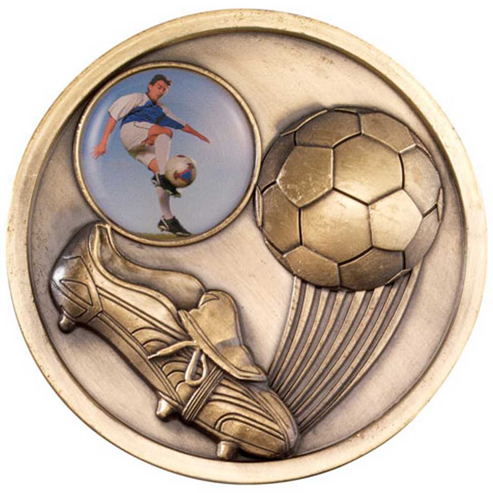 FOOTBALL AND BOOT MEDALLION (1in CENTRE) ANTIQUE GOLD - 2.75in - Optimum Teamwear